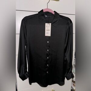 Zara Satin Effect Marsala button down shirt - in BLACK, size S small